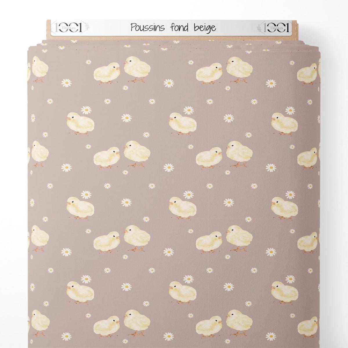Tissu - Poussins sur fond beige