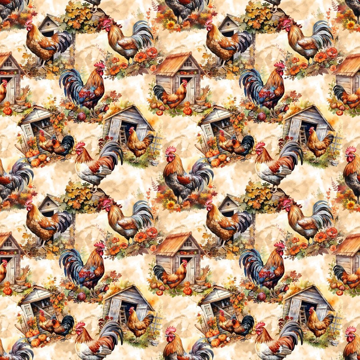 Chickens In Autumn Fabric