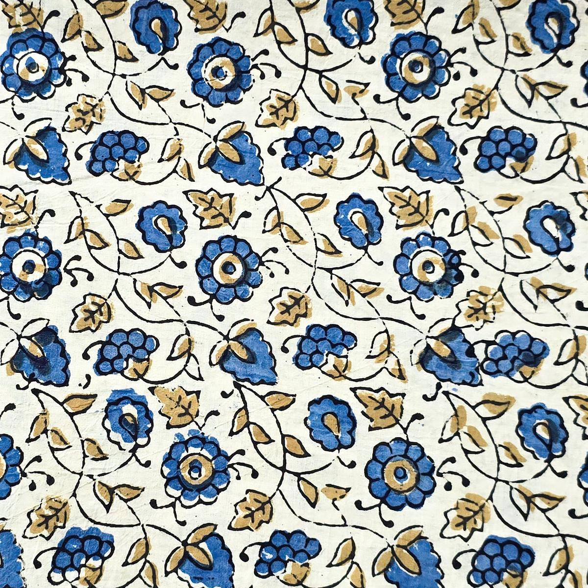 Pure Cotton Ajrak Cream With Blue Flower Jaal Hand Block Print Fabric