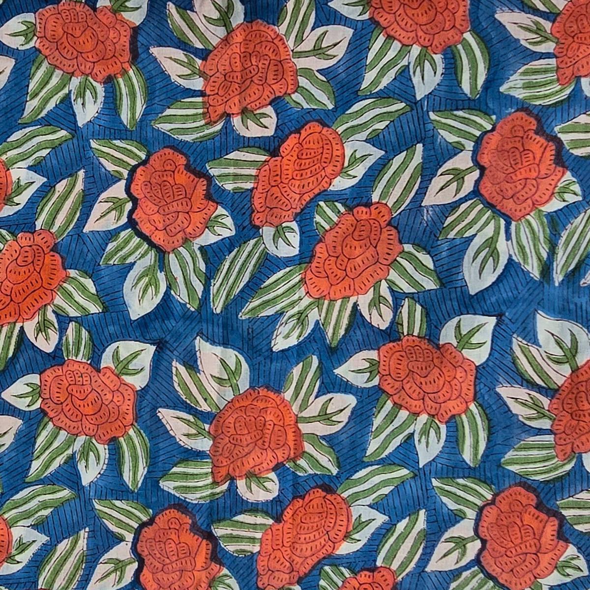 Pure Cotton Jaipuri Blue With Orange Roses All Over Hand Block Print Fabric