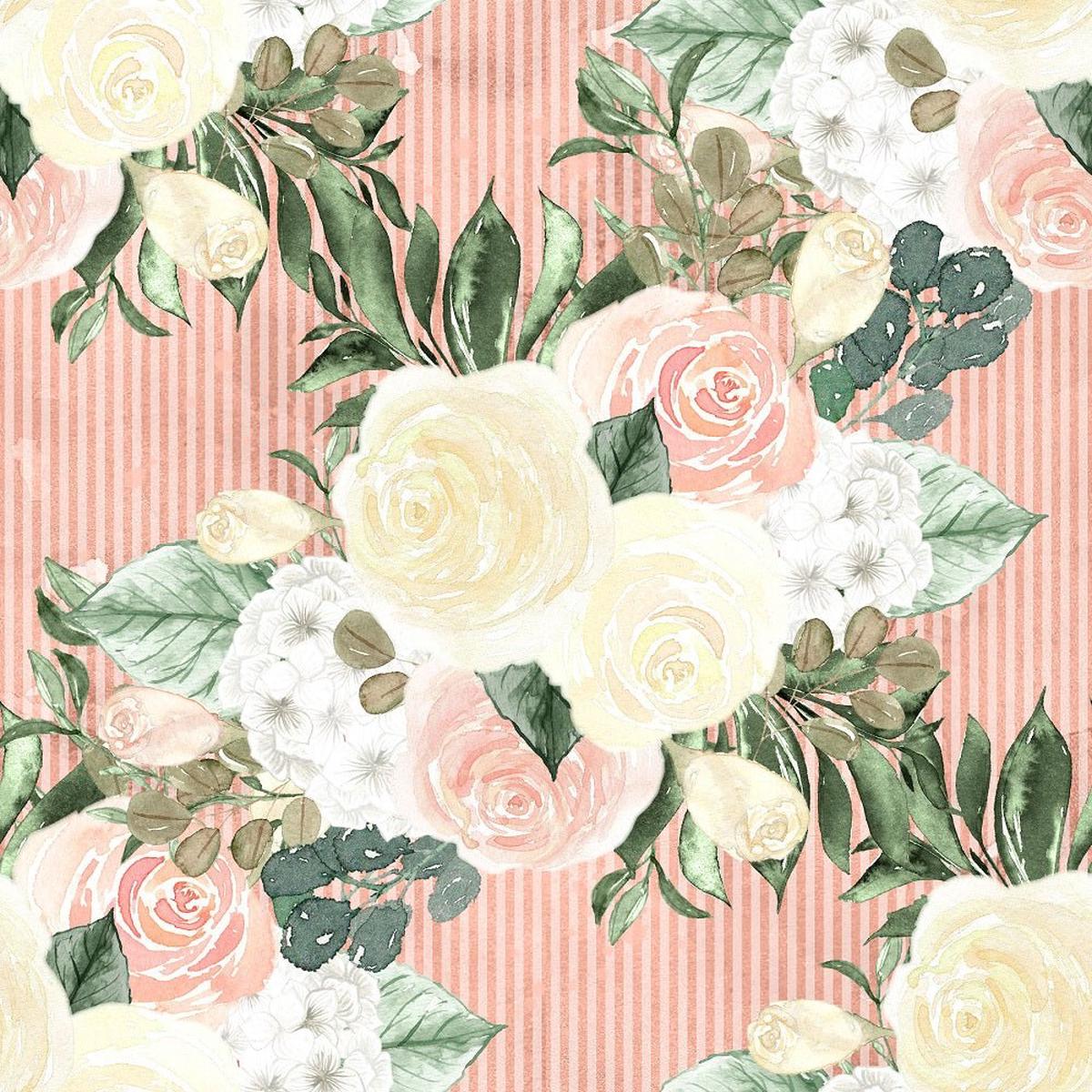Watercolor Roses Bundles on Stripes Fabric - Pink