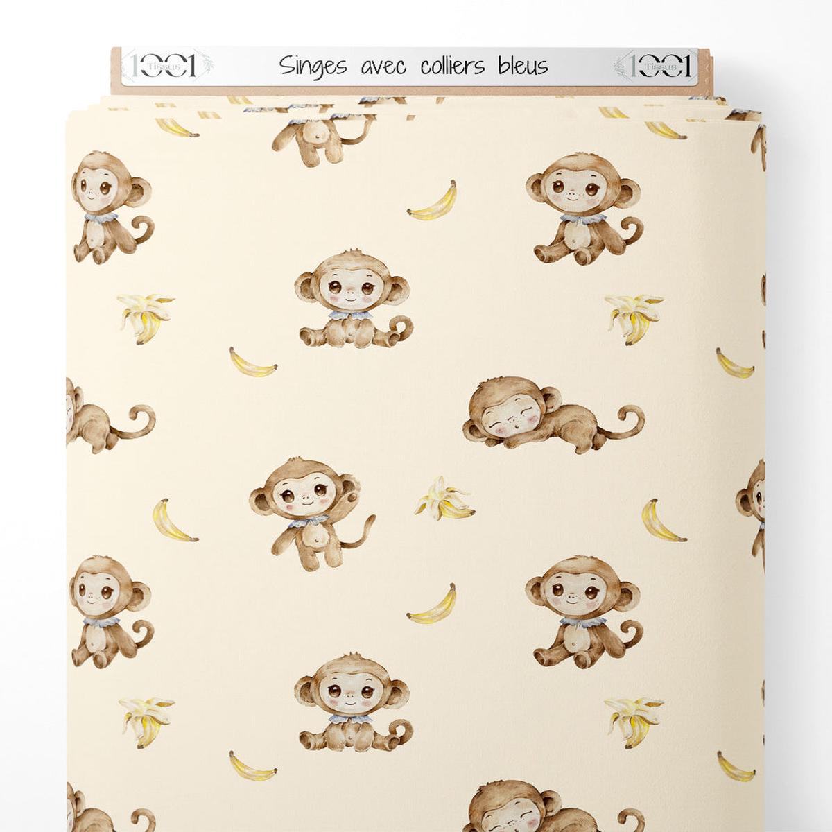 Tissu - Singes avec colliers bleus
