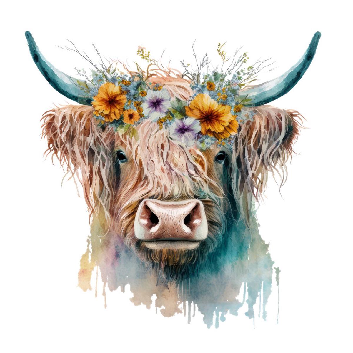 Watercolor Floral Highland Cow 13 Fabric Panel