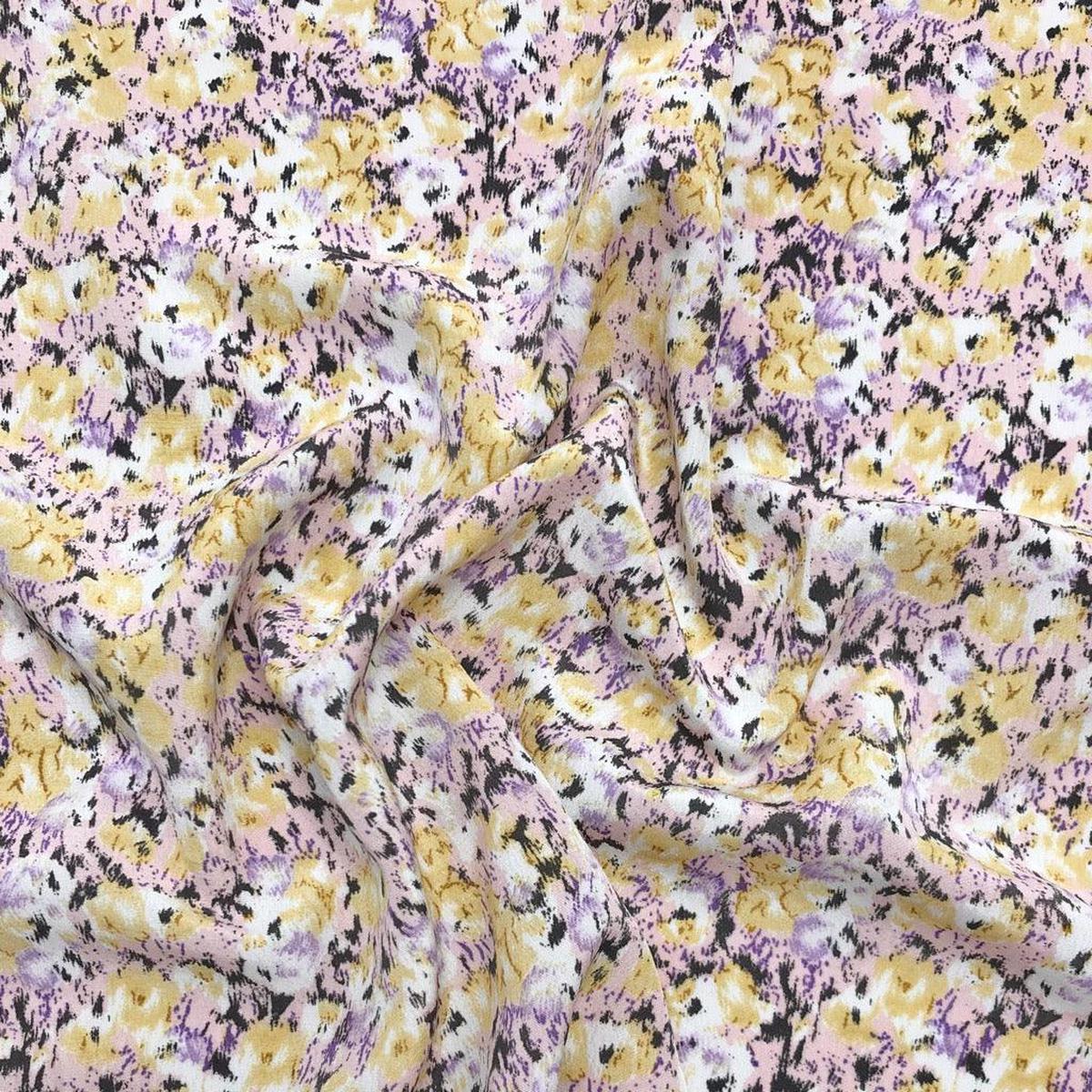 Yellow and Pink Abstract Floral on White Polyester Crepe Fabric