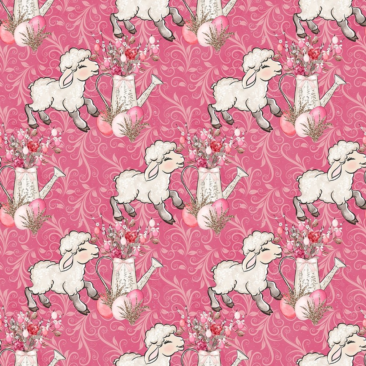 Easter Flowers Lamb on Swirls Fabric - Pink