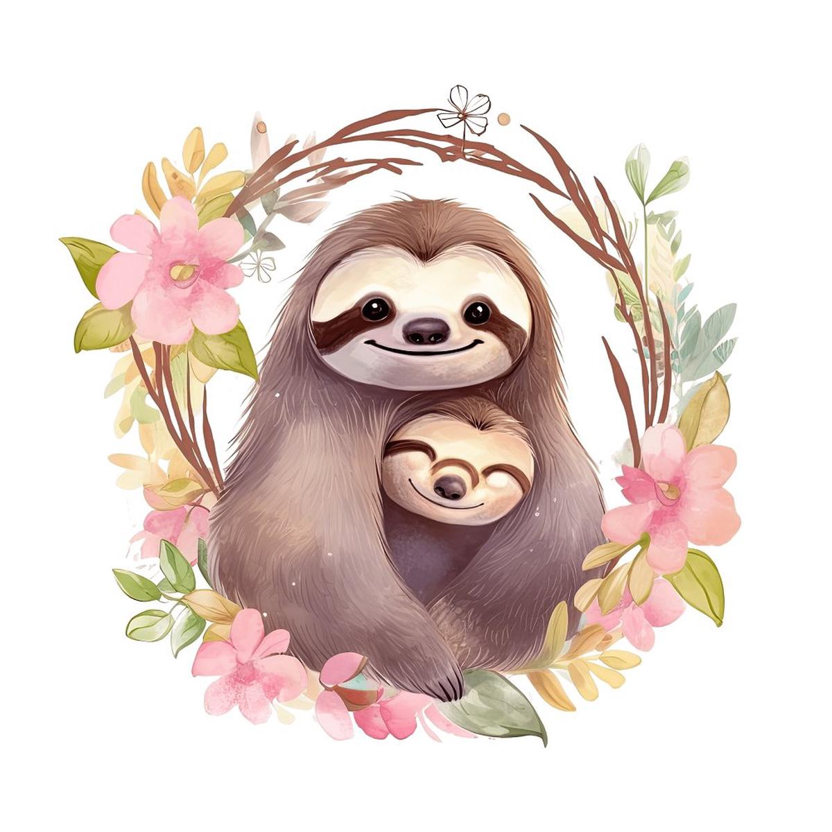 Hand Drawn Sloths Mom Baby 3 Fabric Panel