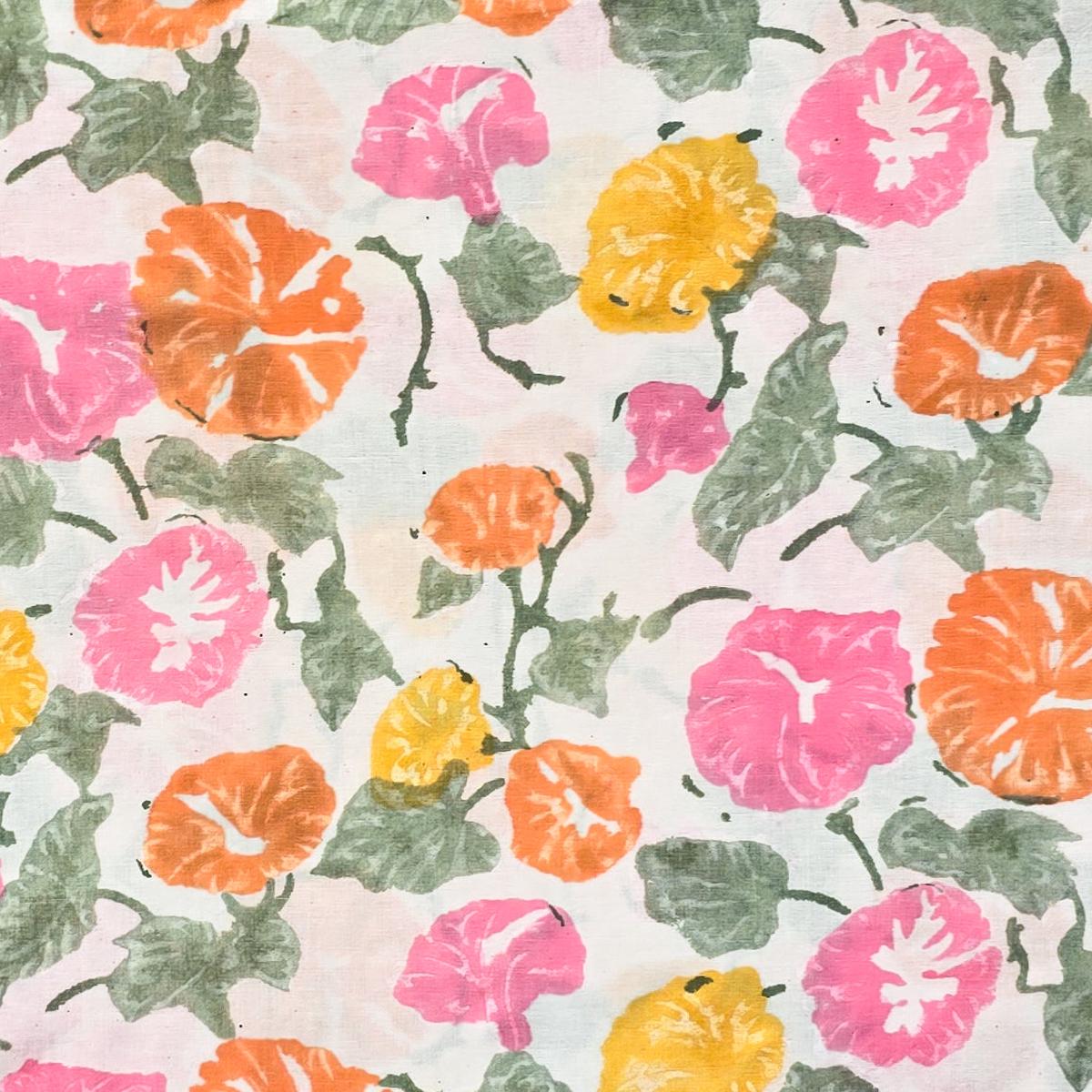 Pure Cotton Jaipuri White With Yellow And Pink Big Flower Jaal Hand Block Print Fabric