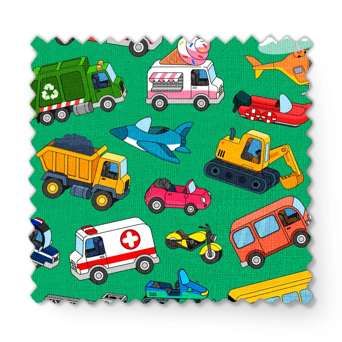 English Tree Colorful Transportation Vehicles on Green Fabric