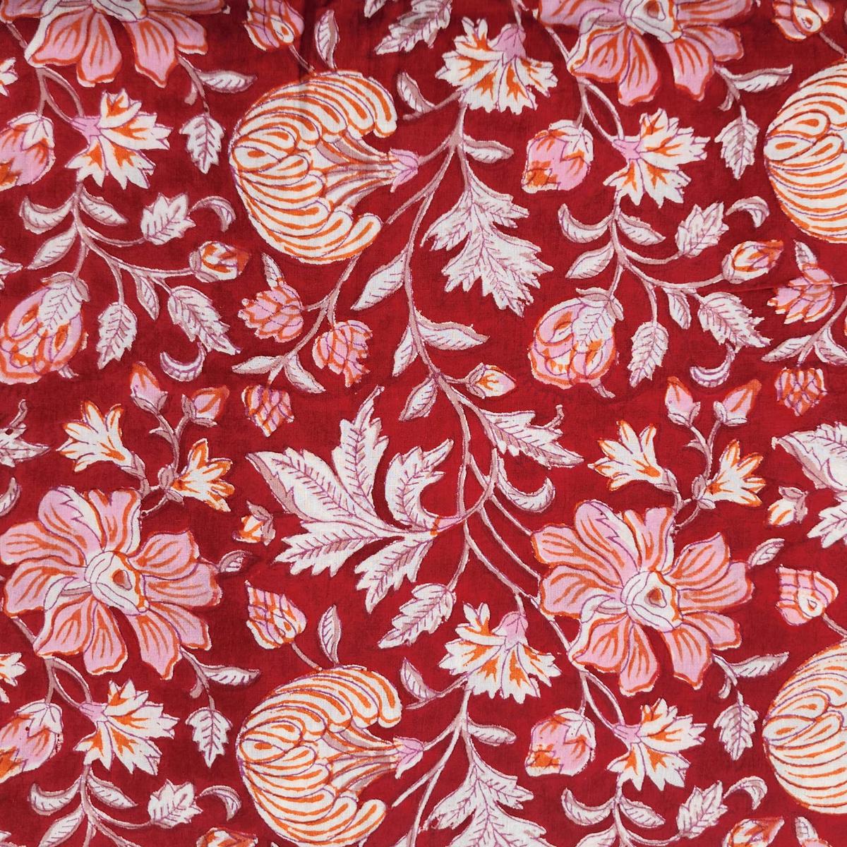 Pure Cotton Jaipuri Red With Pink And Orange Wild Flower Jaal Hand Block Print Fabric