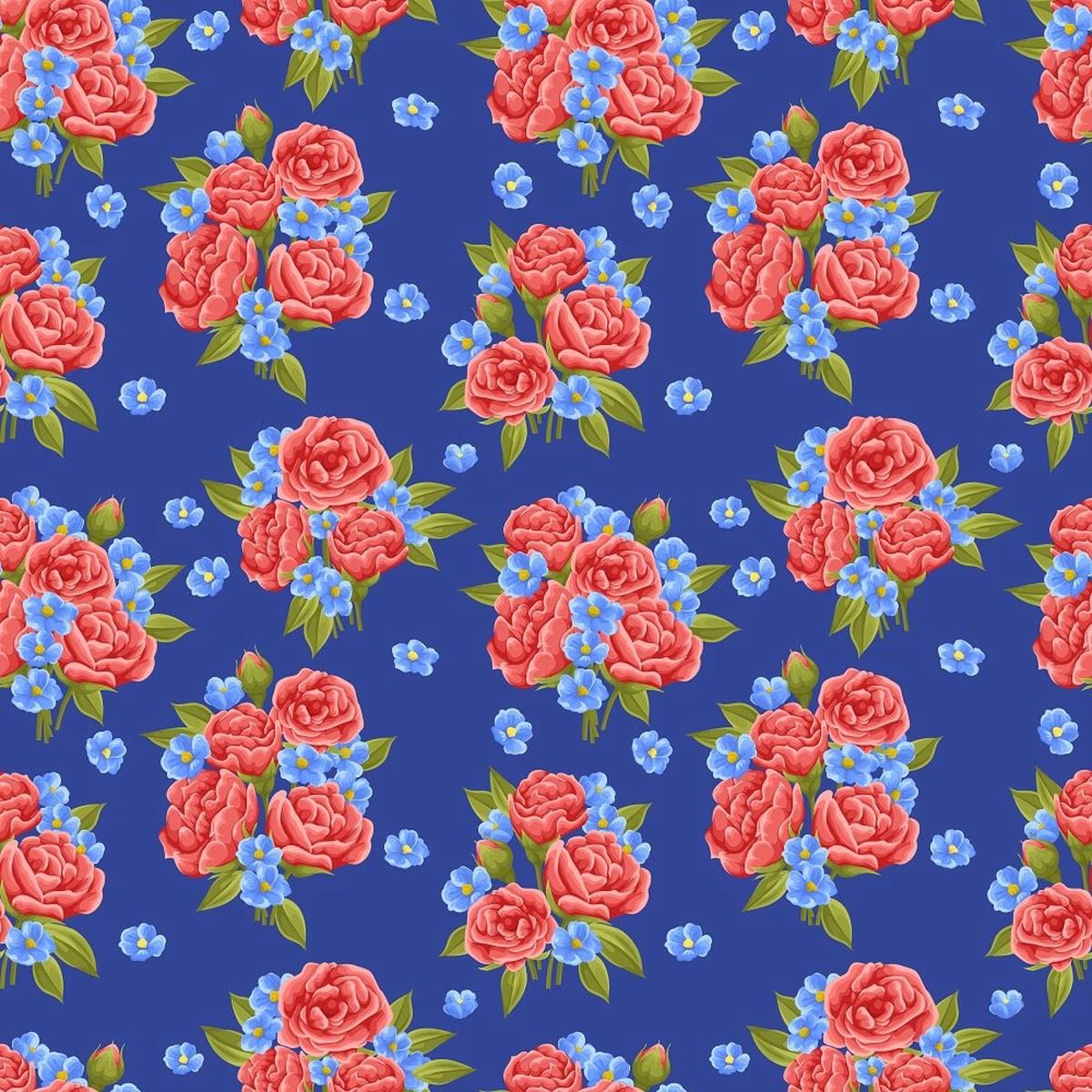Watercolor Floral Rose Bouquet Fabric - Blue