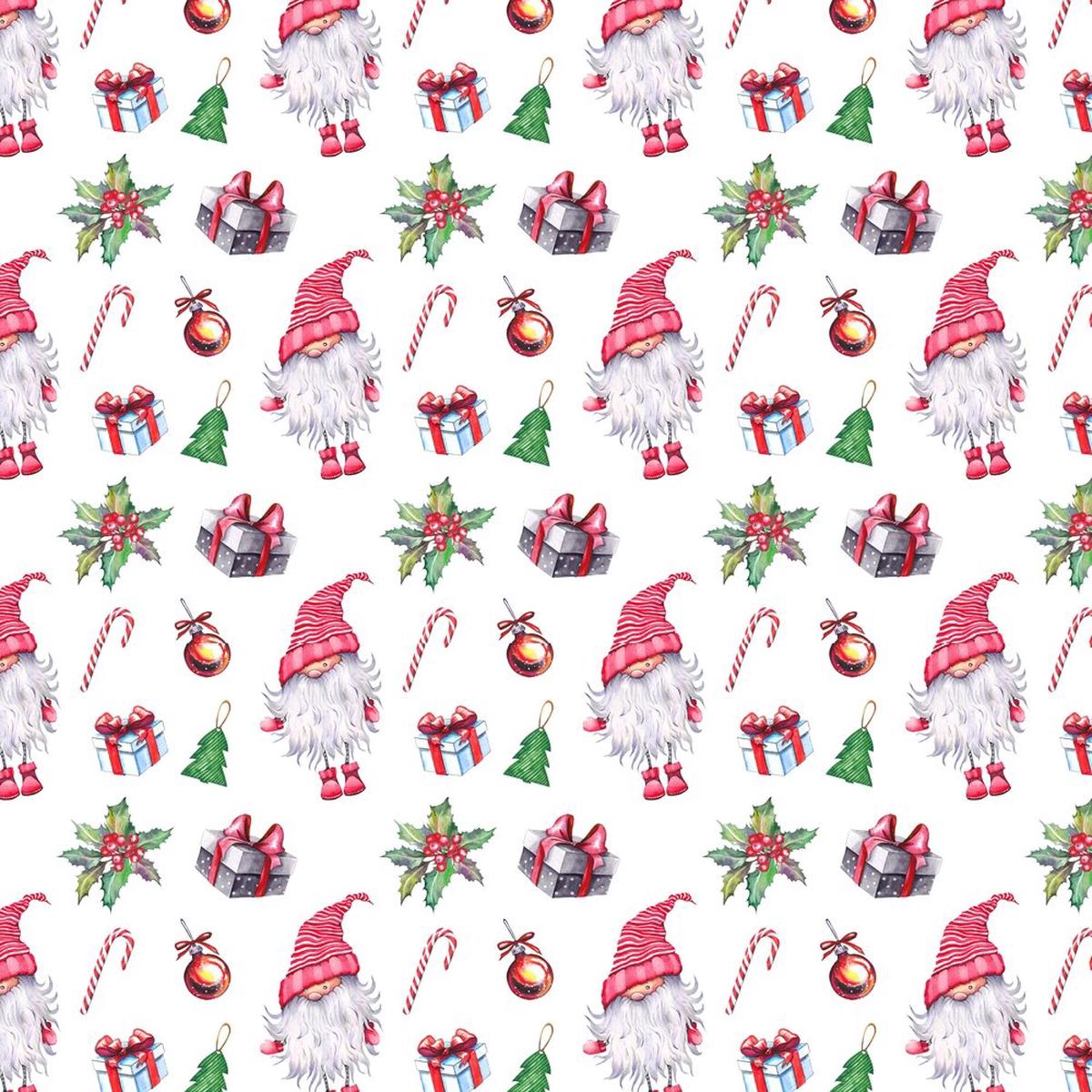 Christmas Forest Gnome With Presents Fabric - White