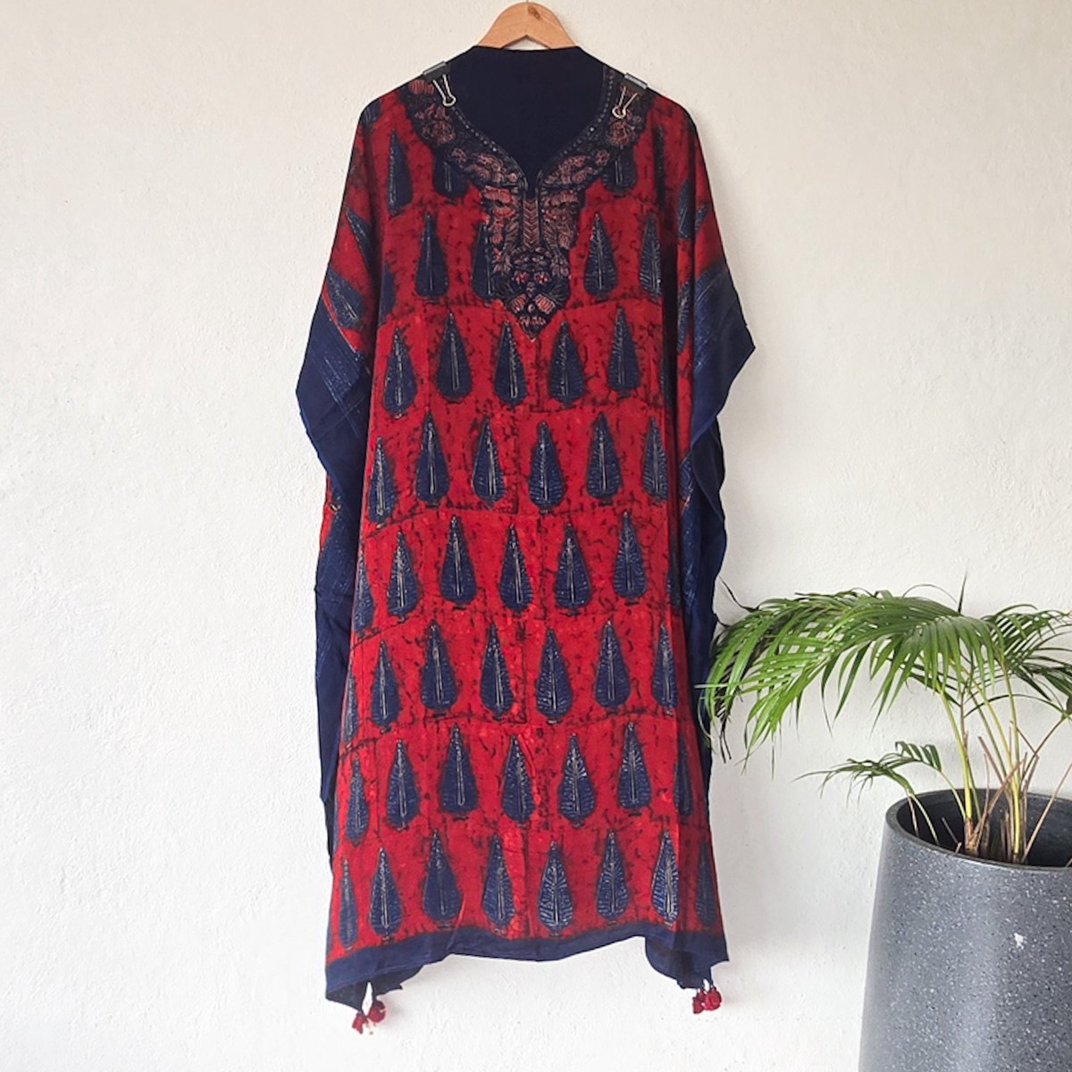 MAYURI -Modal Silk Ajrak Red With Blue Tree Motif Pre - Design Fabric
