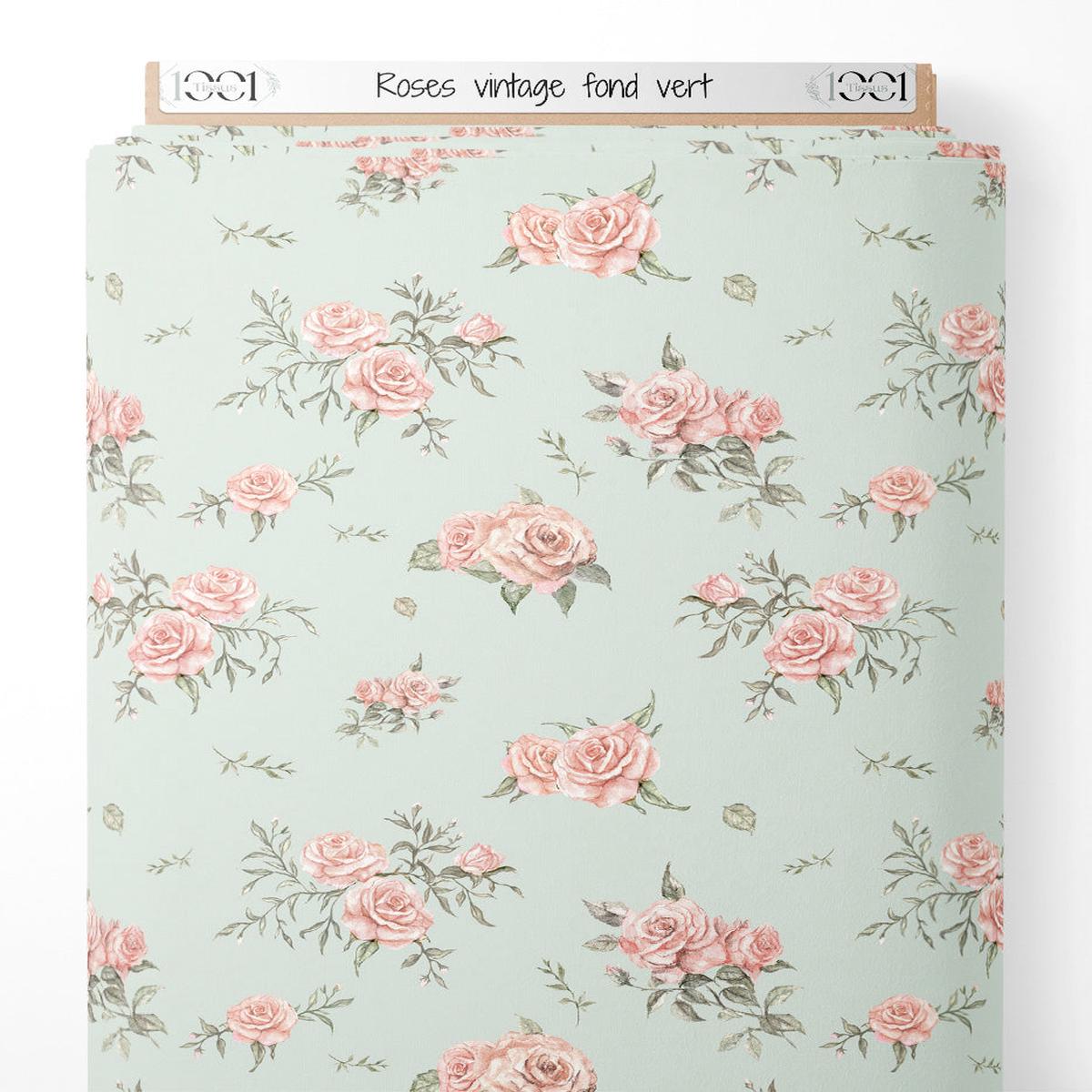 Tissu - Roses vintage sur fond vert