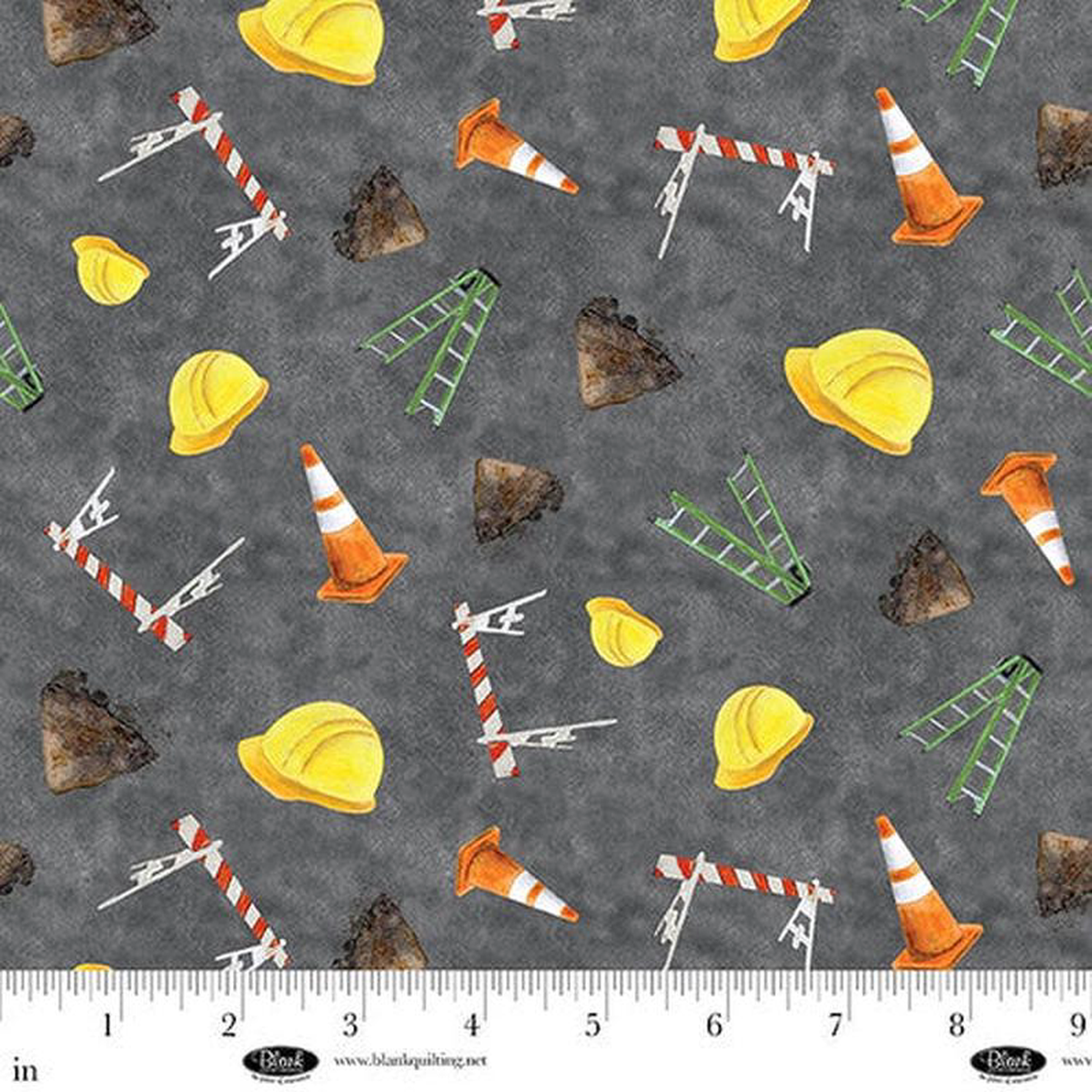 Fabric Blank Quilting Dark Gray Construction Hat Traffic Cones 038 Ladders Let8217s Get Building by the Quarter Yard 4397-95