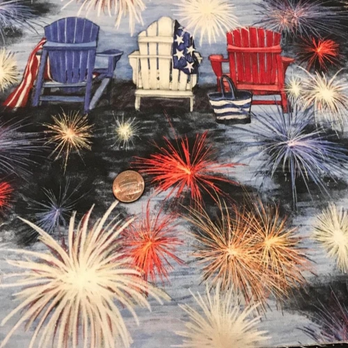 "Patriotic Chair Scene" *Red White Blue *Susan Winget *100% Cotton* 8 1/2" x 22"