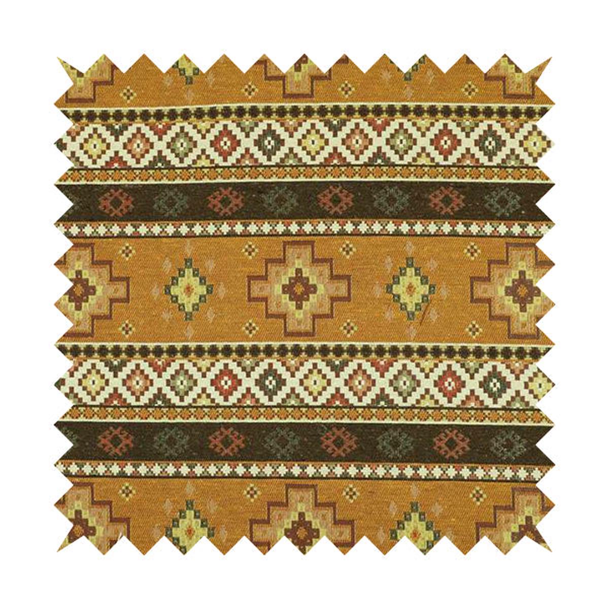 Persia Aztec Yellow Brown Chenille Upholstery Fabric Traditional Kilim Stripe Pattern CTR-763