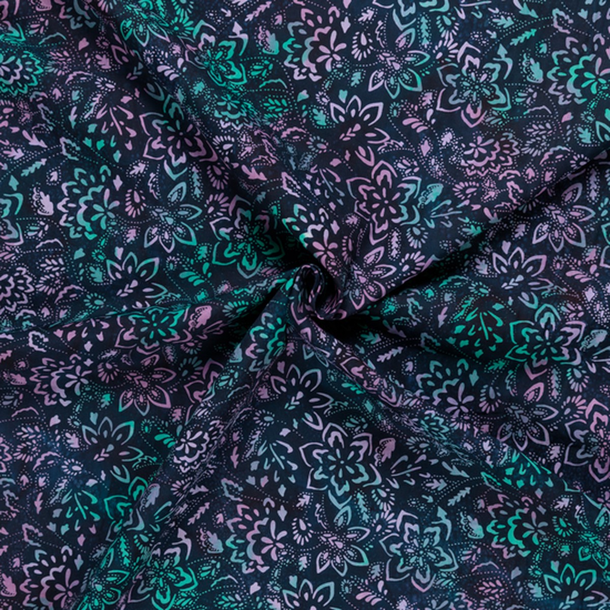 50's Cotton Batik: Pink & Emerald Floral on Navy - Per Metre