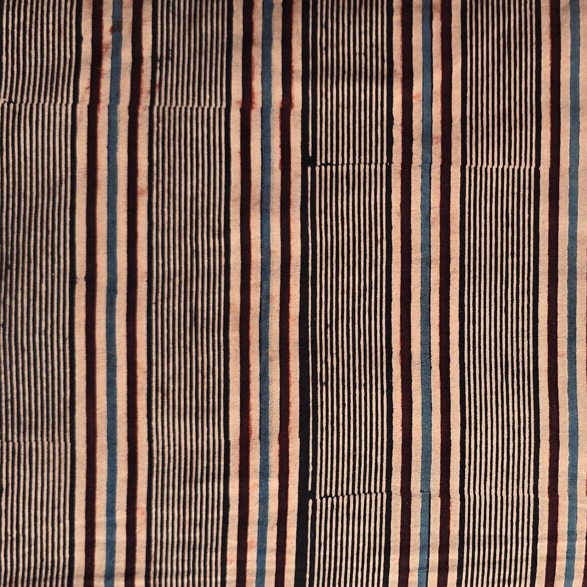 Pure Cotton Teen Kaam Ajrak Black With Blue And Maroon Stripes Hand Block Print Fabric
