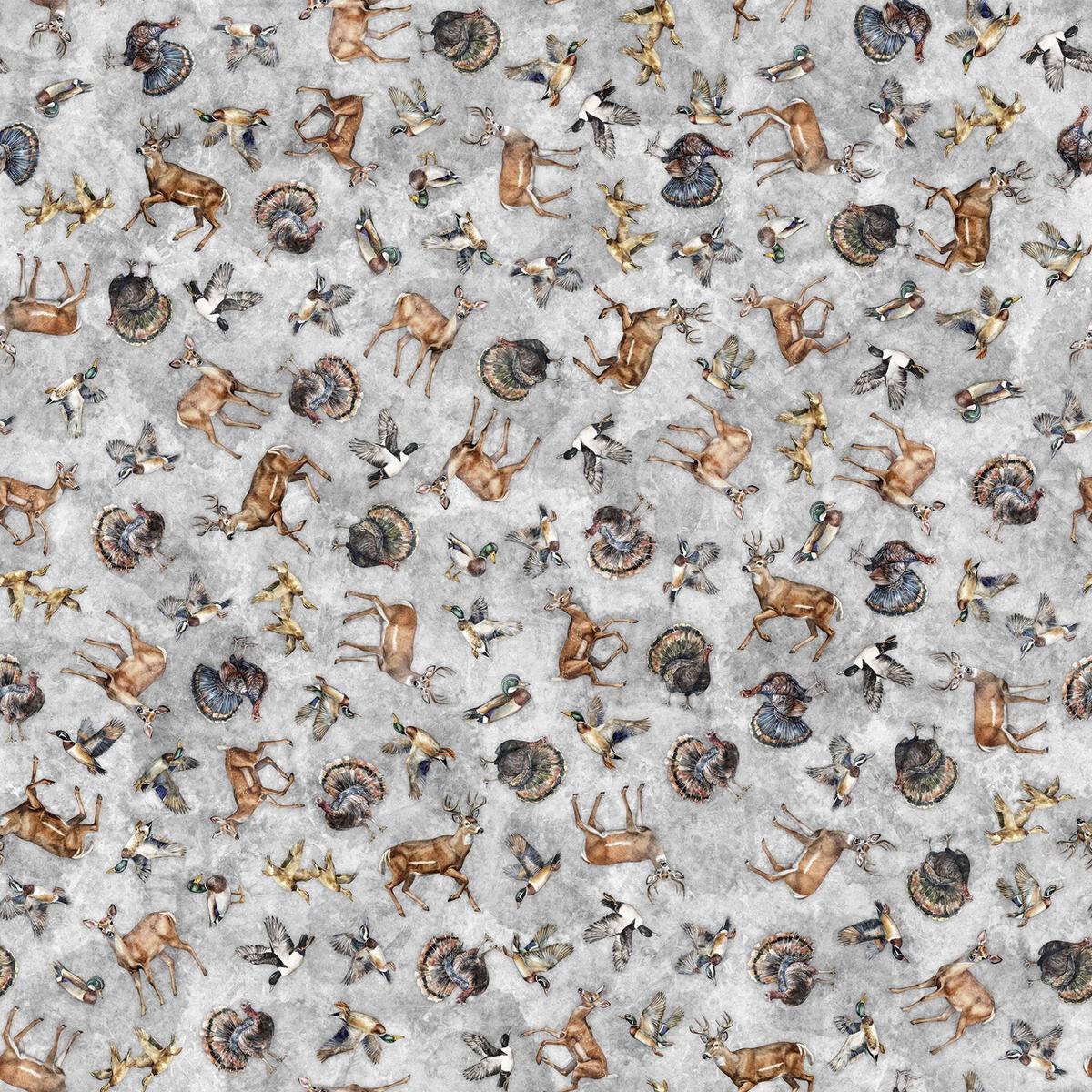 Quilting Treasures Fabric - Forest Field and Stream Wildlife Toss Gray SOLD BY THE HALF YARD