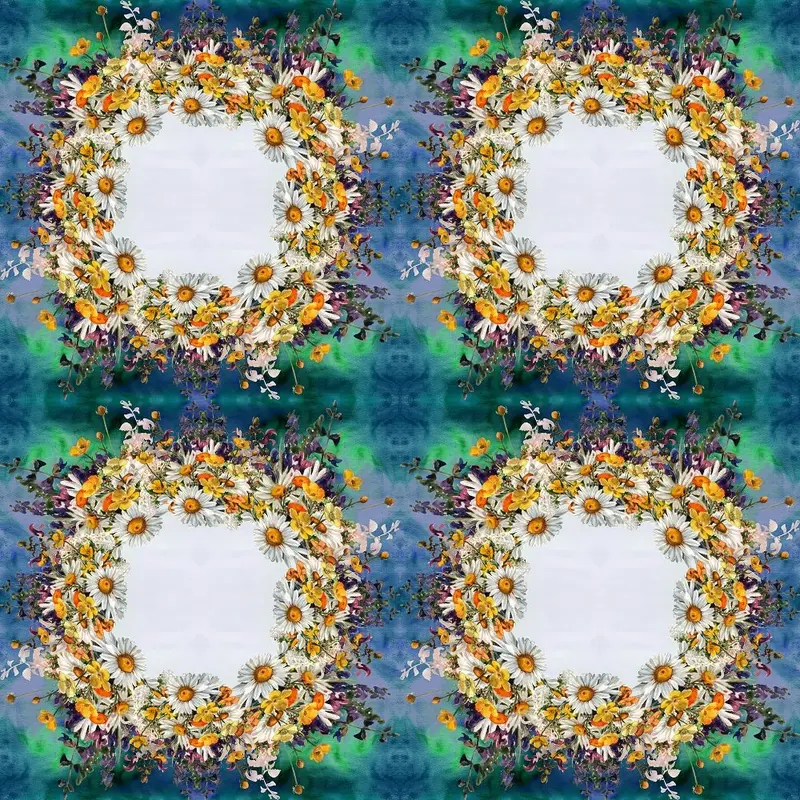 Chamomile Flowers & Herbs Wreath Fabric - Blue/Green