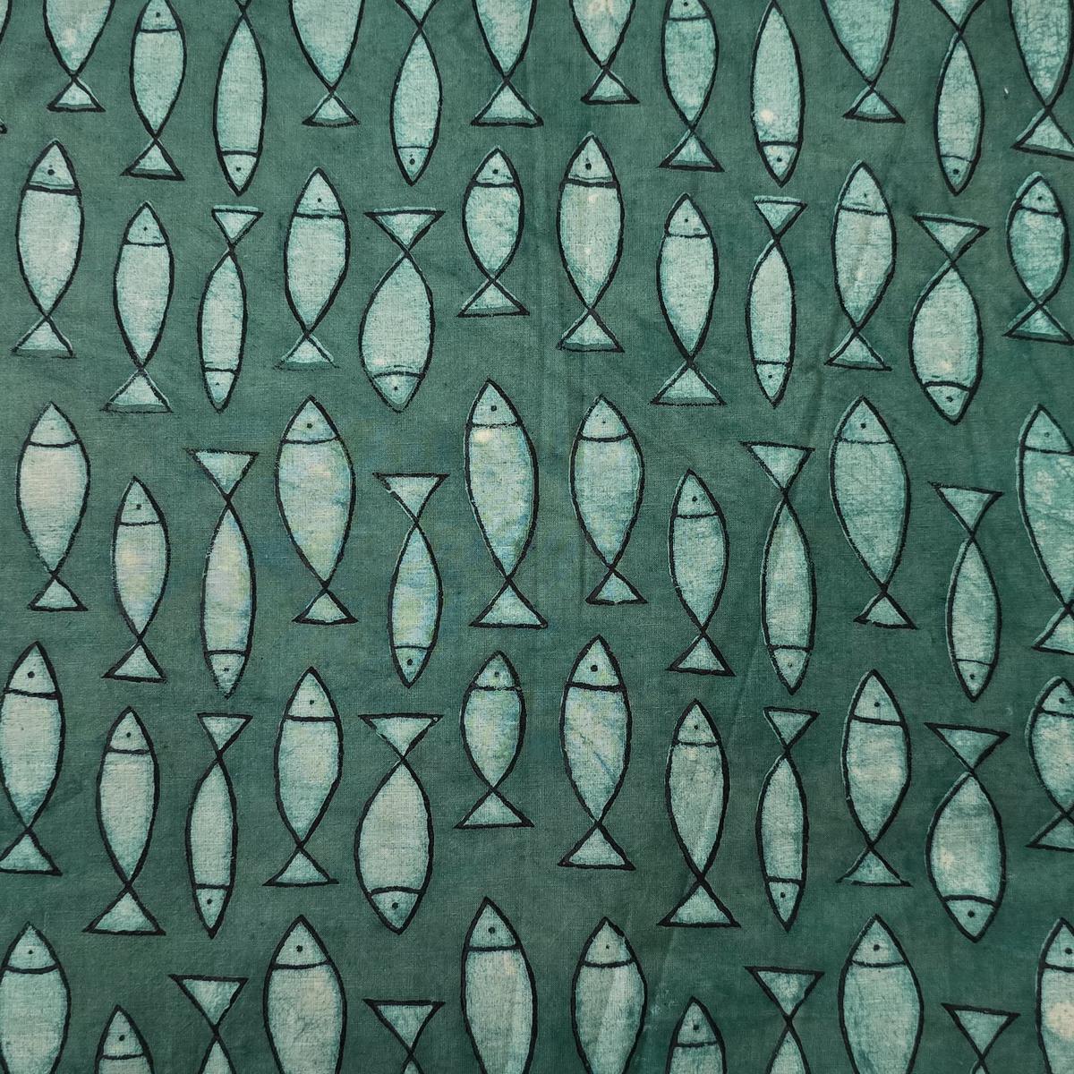 Pure Cotton Dabu Green With Light Green Fish Motif Hand Block Print Fabric