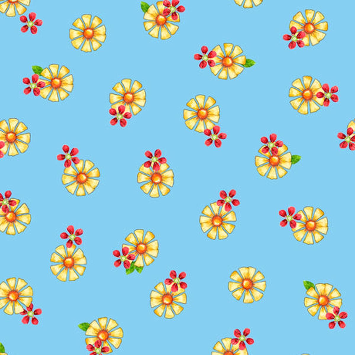 Yellow Flowers on Blue Cotton Fabric