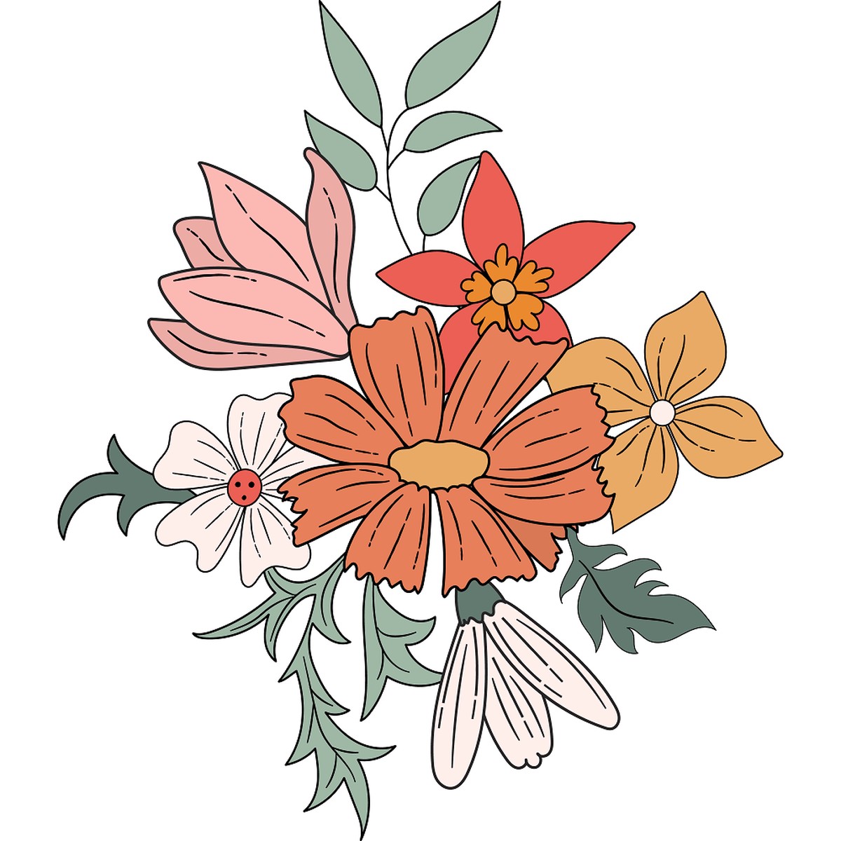 Boho Garden Floral Bouquet 2 Fabric Panel