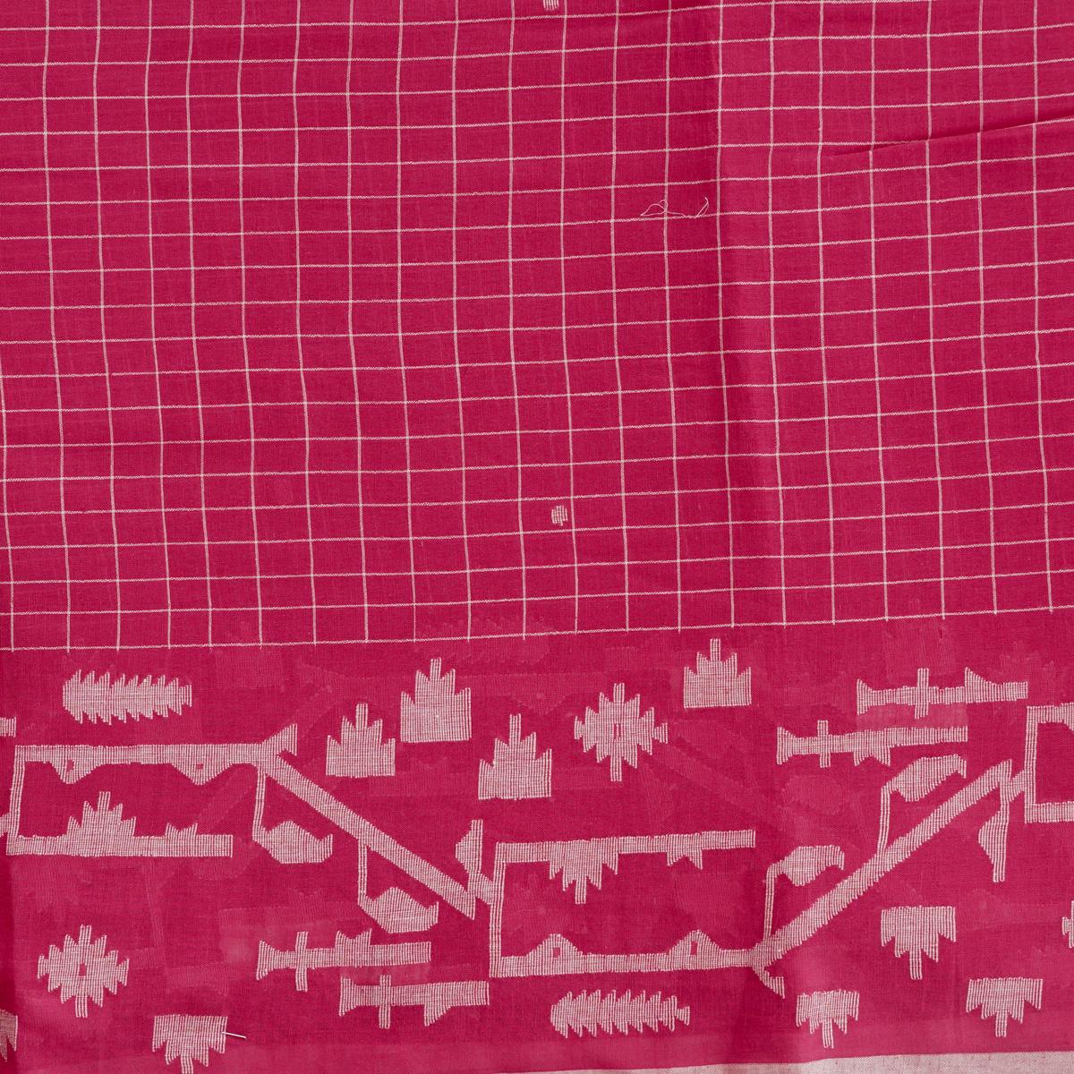 MUL Jamdani Dark Pink With White Checks Big Border Design Woven Fabric
