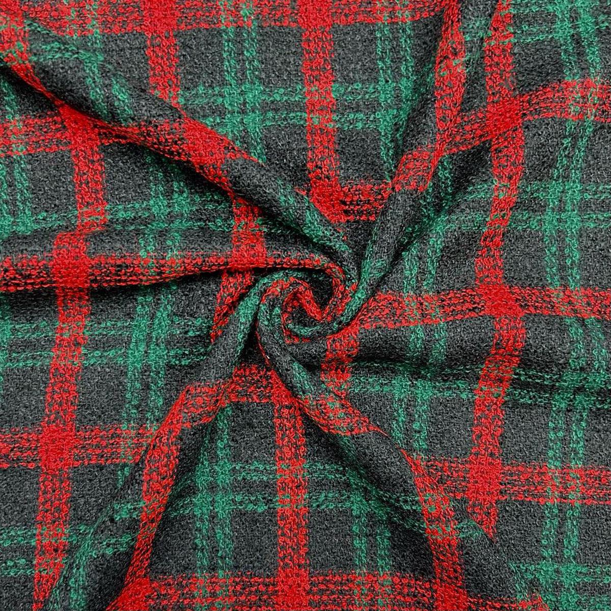 Red/Green Check on Black Boucle Fabric