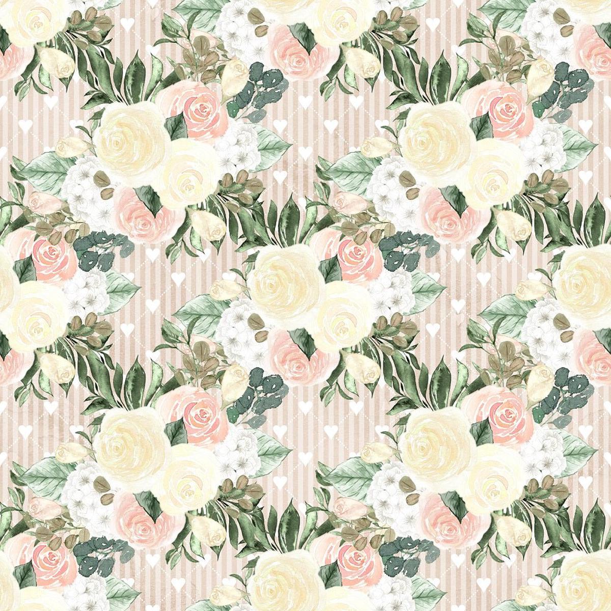 Watercolor Roses Bundles on Hearts Fabric - Tan