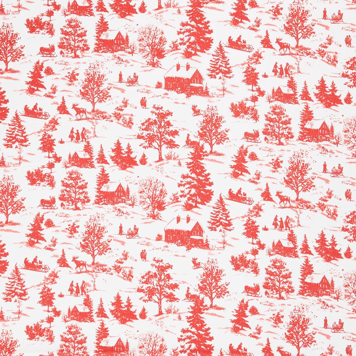 Holly Jolly Calico - Winter Scene Ecru Red Yardage