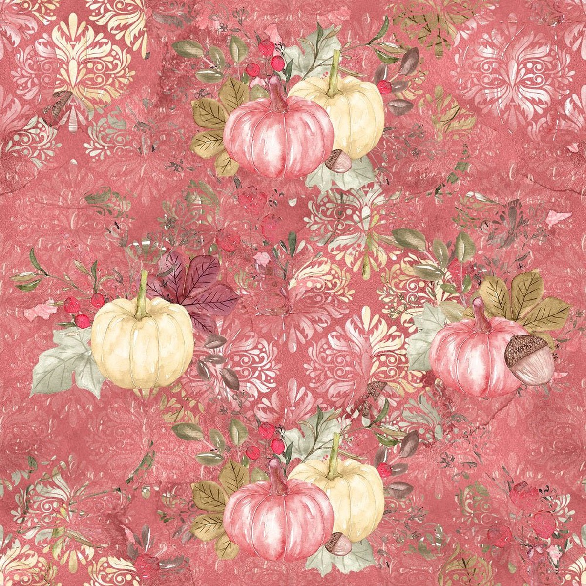 Pumpkin Paradise On Damask Fabric