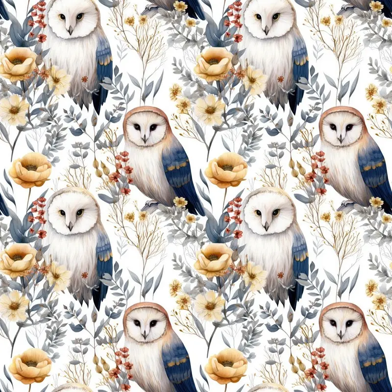 Dusty Blue Owls & Floral Fabric