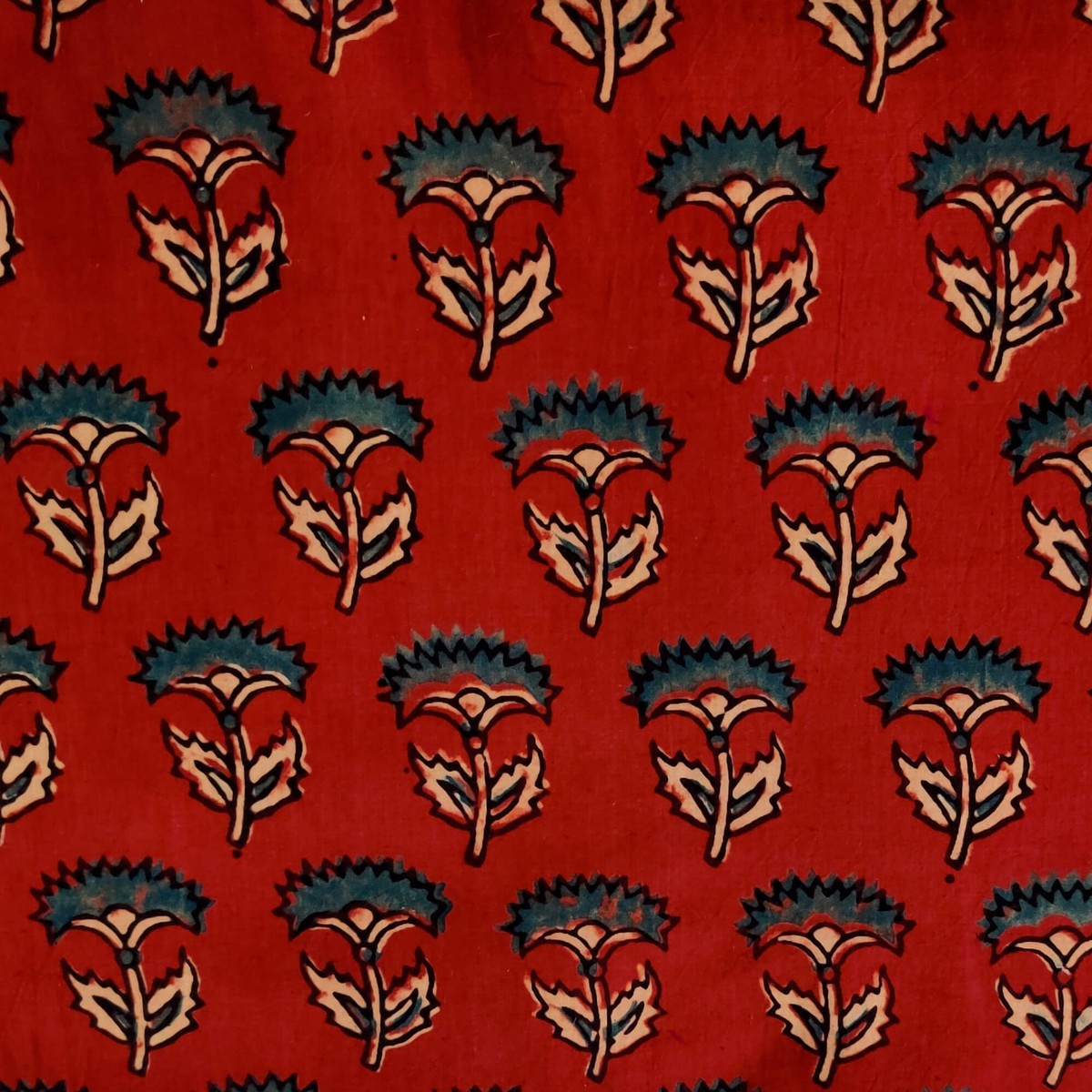Pure Cotton Ajrak Maroon With Blue Flower Motif Hand Block Print Fabric