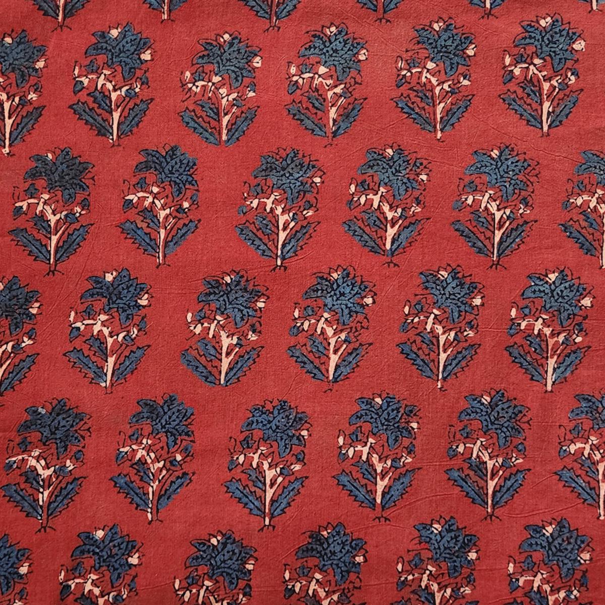 Pure Cotton Gad Ajrak Red With Blue Plant Motif Hand Block Print Fabric
