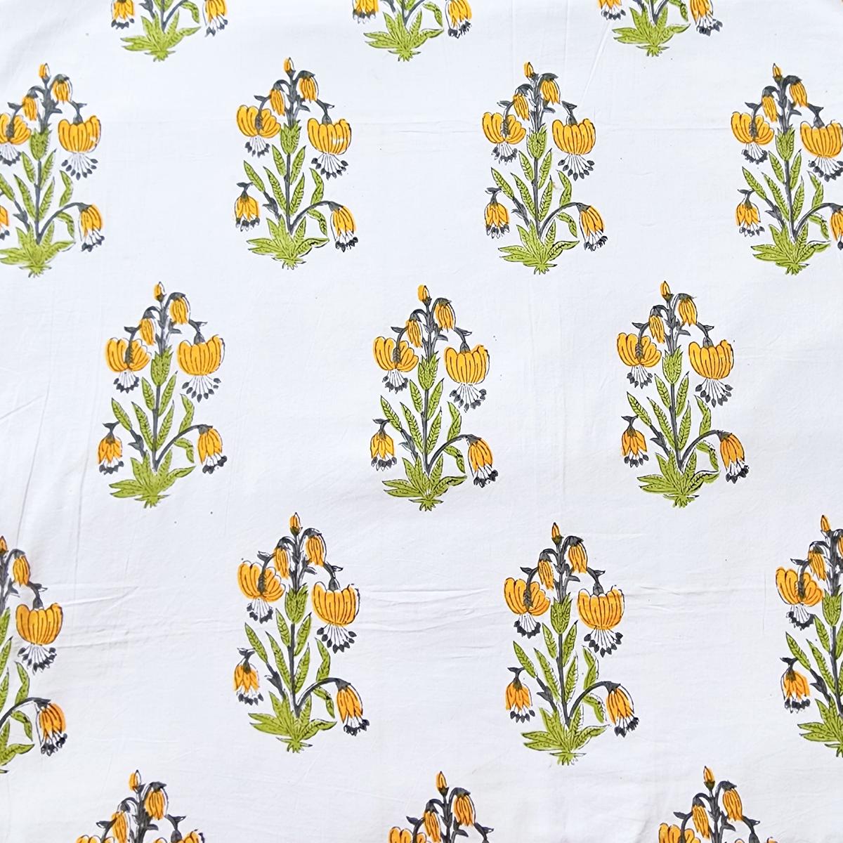 Pure Cotton Jaipuri White With Yellow And Big Flower Motif Hand Block Print Fabric