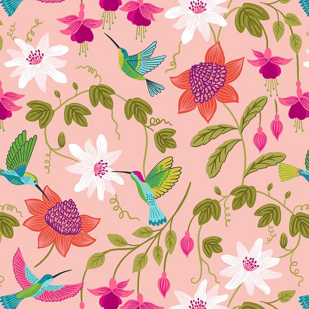 Lewis and Irene Hibiscus Hummingbird - Large Floral On Blush Pink A593-1