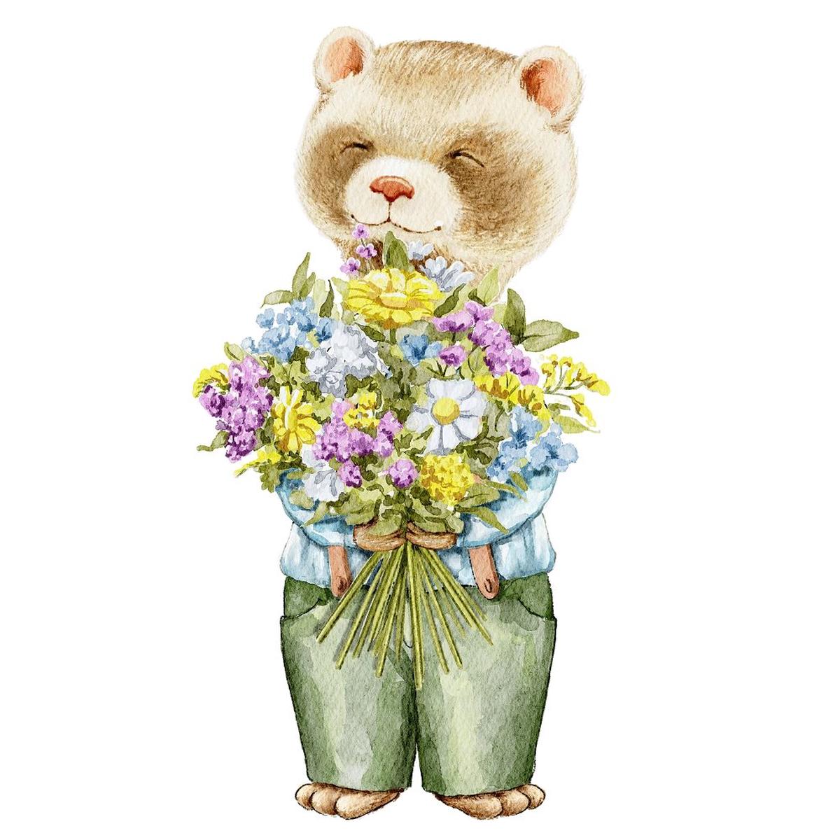 Little Critters Summer Fun Holding Flowers Fabric Panel