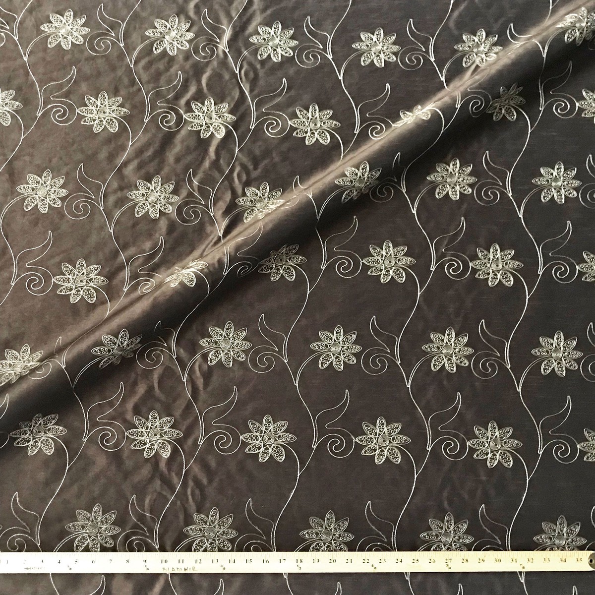 Dark Brown Traditional Floral Embroidered Upholstery Fabric 54"
