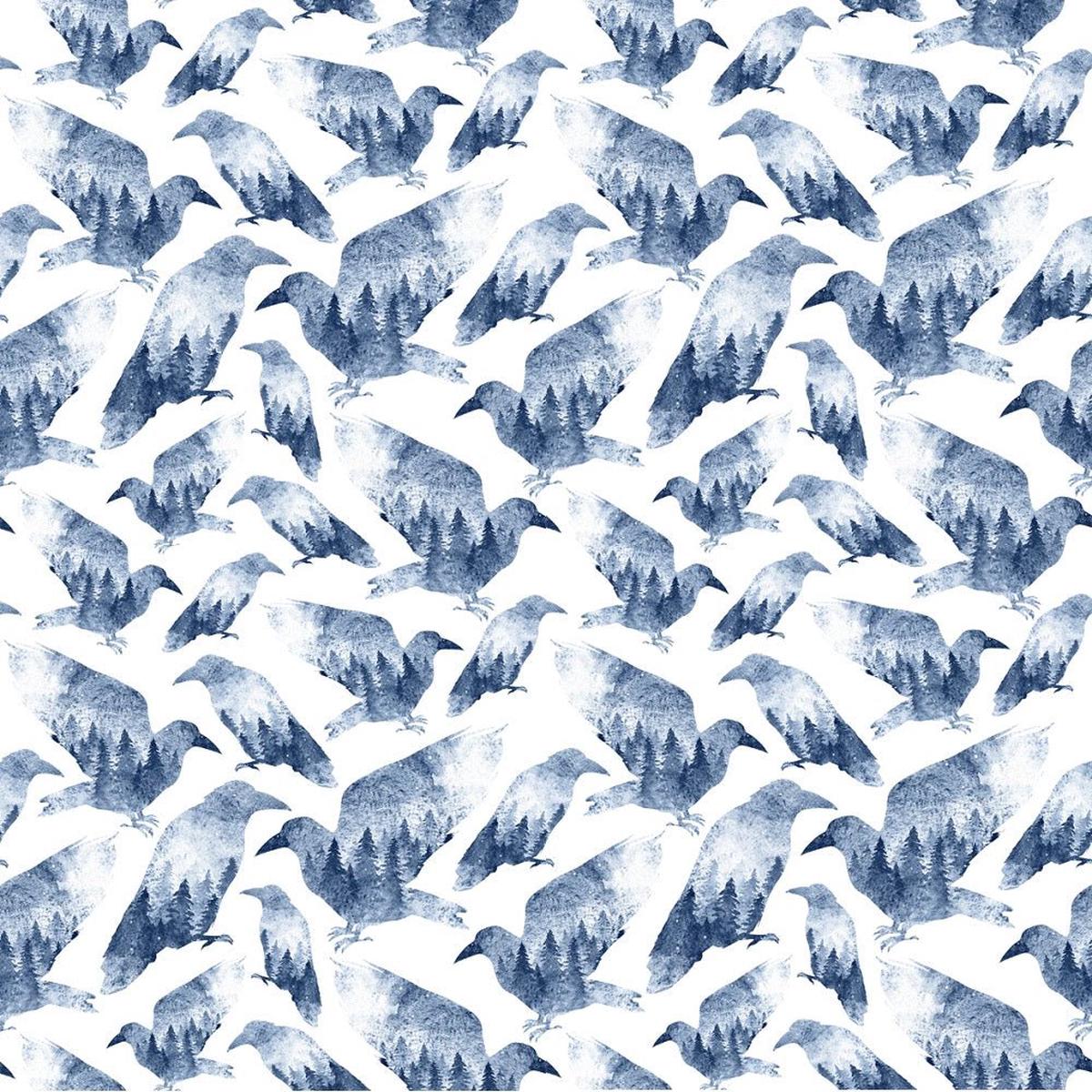 Watercolor Monochrome Ravens Fabric - White