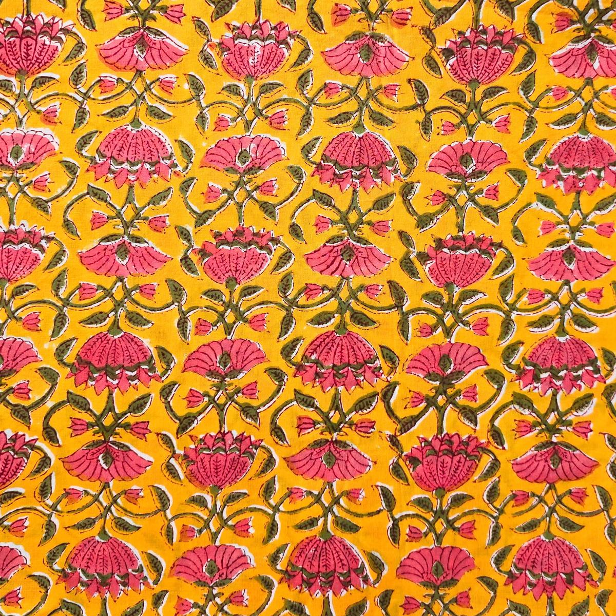 Pure Cotton Jaipuri Yellow With Pink Lotus Flower Creeper Hand Block Print Fabric