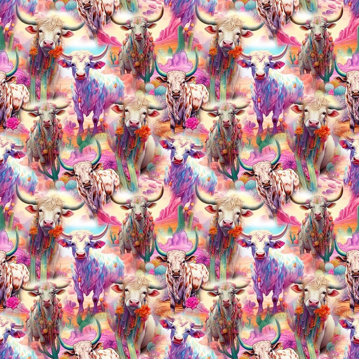 Colorful Cows In The Desert Fabric