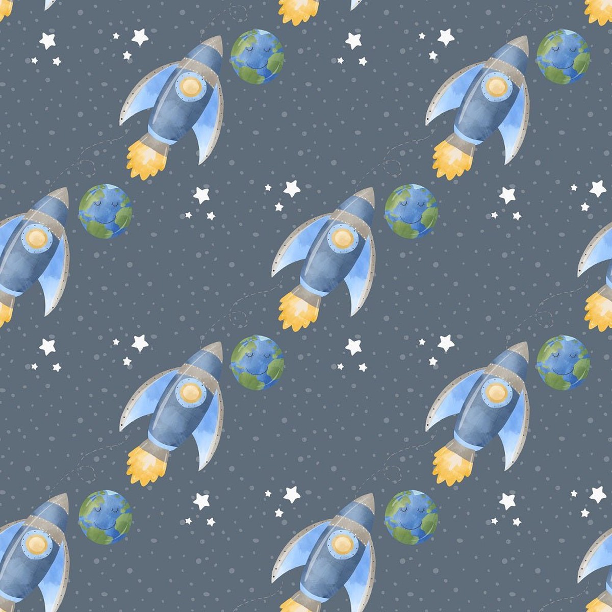 Dreams of Outerspace Rocket Ship Fabric - Dark Blue