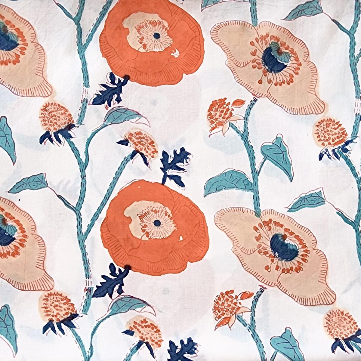 Pure Cotton Jaipuri White With Orange And Beige Big Flower Creeper Hand Block Print Fabric