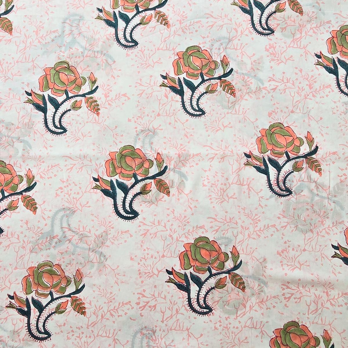 Pure Cotton Jaipuri White With Orange Big Flower Motif And Self Design Hand Block Print Fabric.
