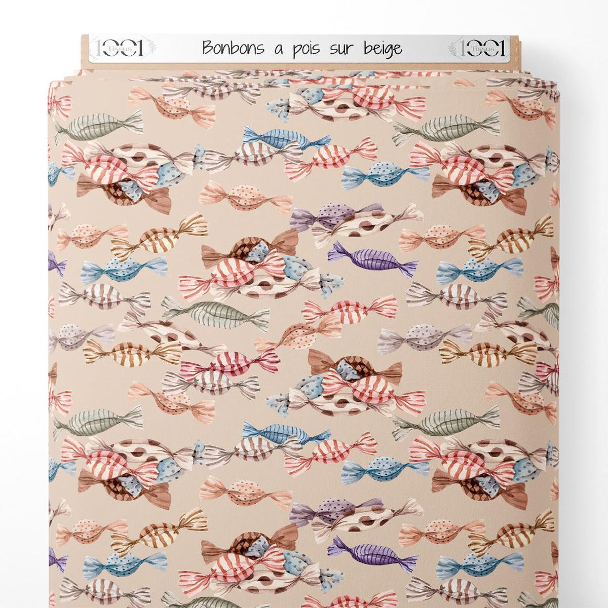 Tissu - Bonbons pois sur beige
