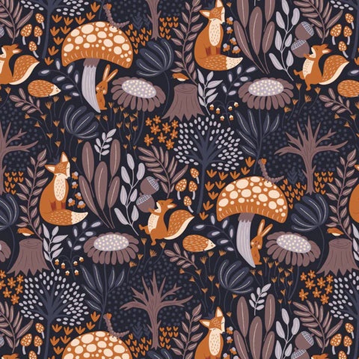 Whimsical Forest Floor in Organic Cotton by Mel Armstrong - The Woodlanders Tale in Midnight