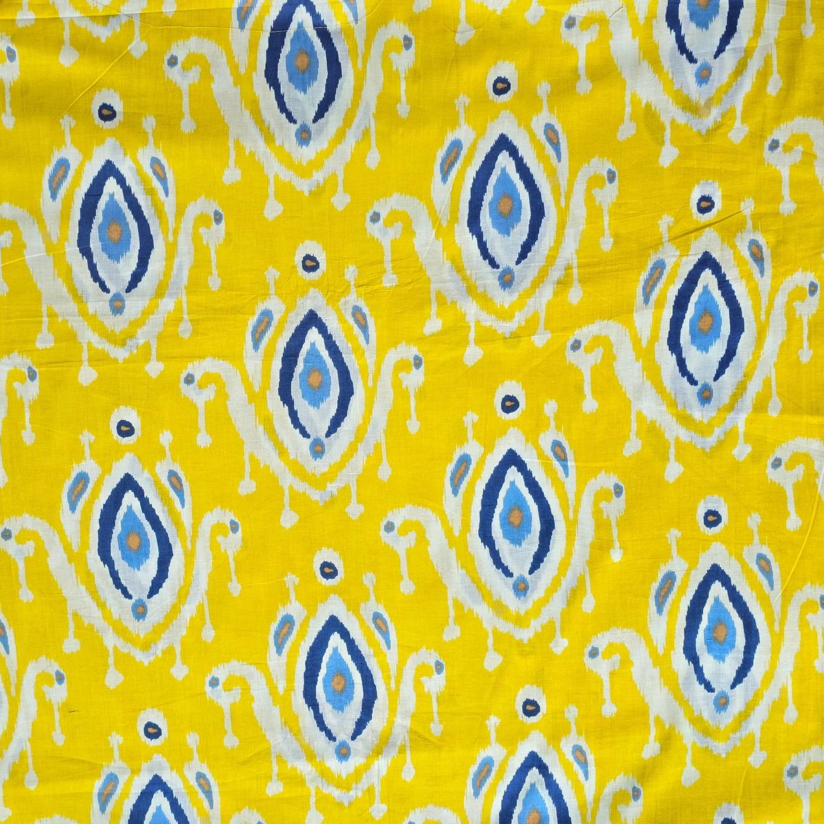 Pure Cotton Screen Print Yellow With Blue big Flower Motif Design Fabric