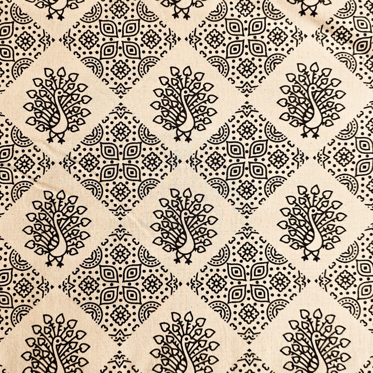 Pure Cotton Ajrak Vegetable Dyed Cream And Black Peacock With Intericate Design Hand Block Print Fabric