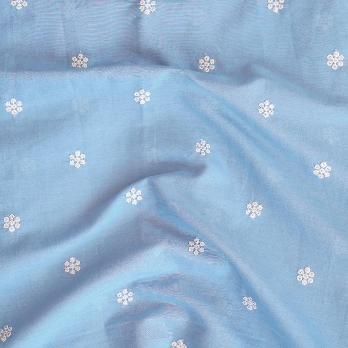 Pure Cotton Pastel Blue And White Flower With Gold Sequence Embroidery Fabric